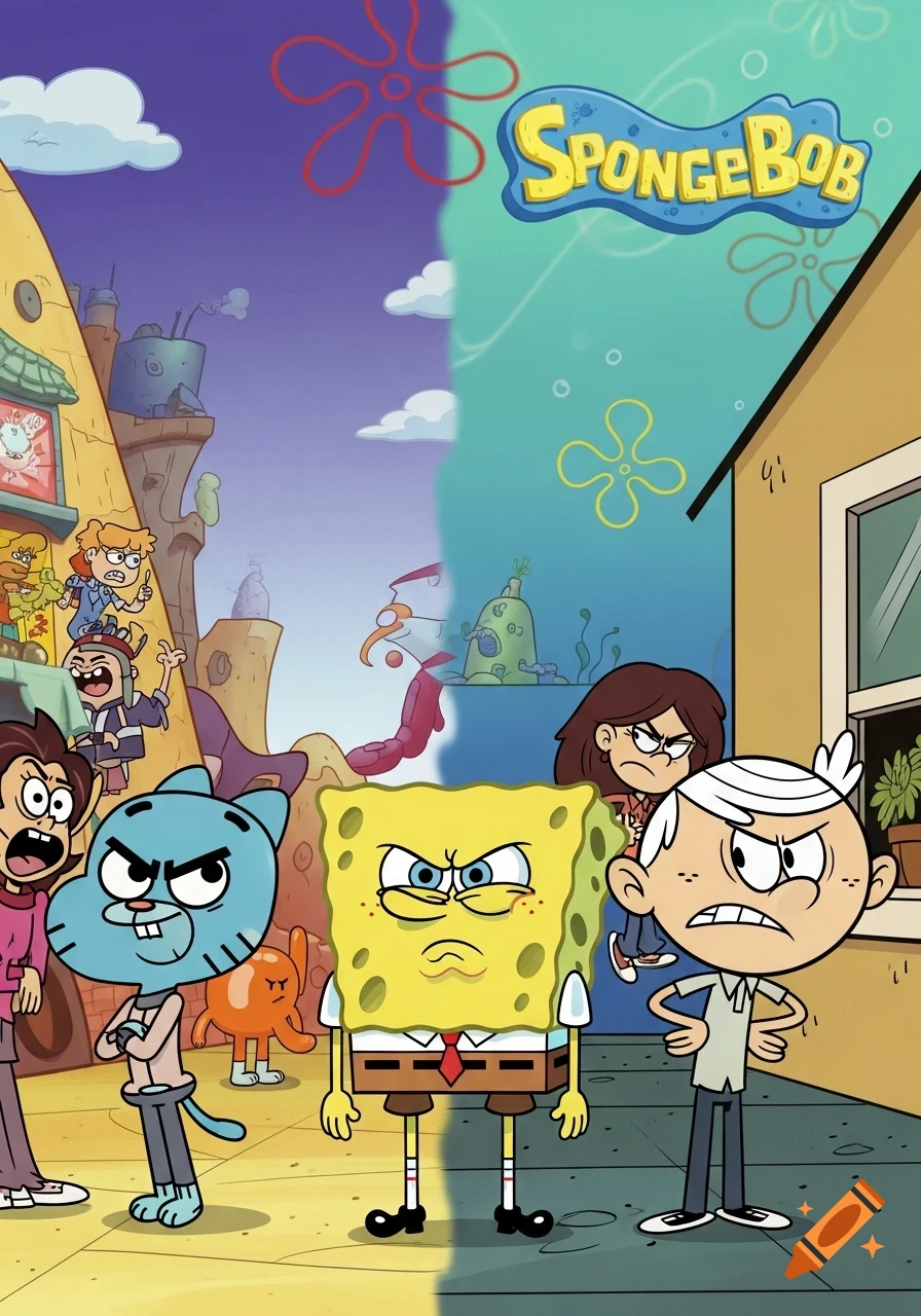 Angry SpongeBob, Gumball, and Lincoln Loud in a cartoon crossover image with a split background.