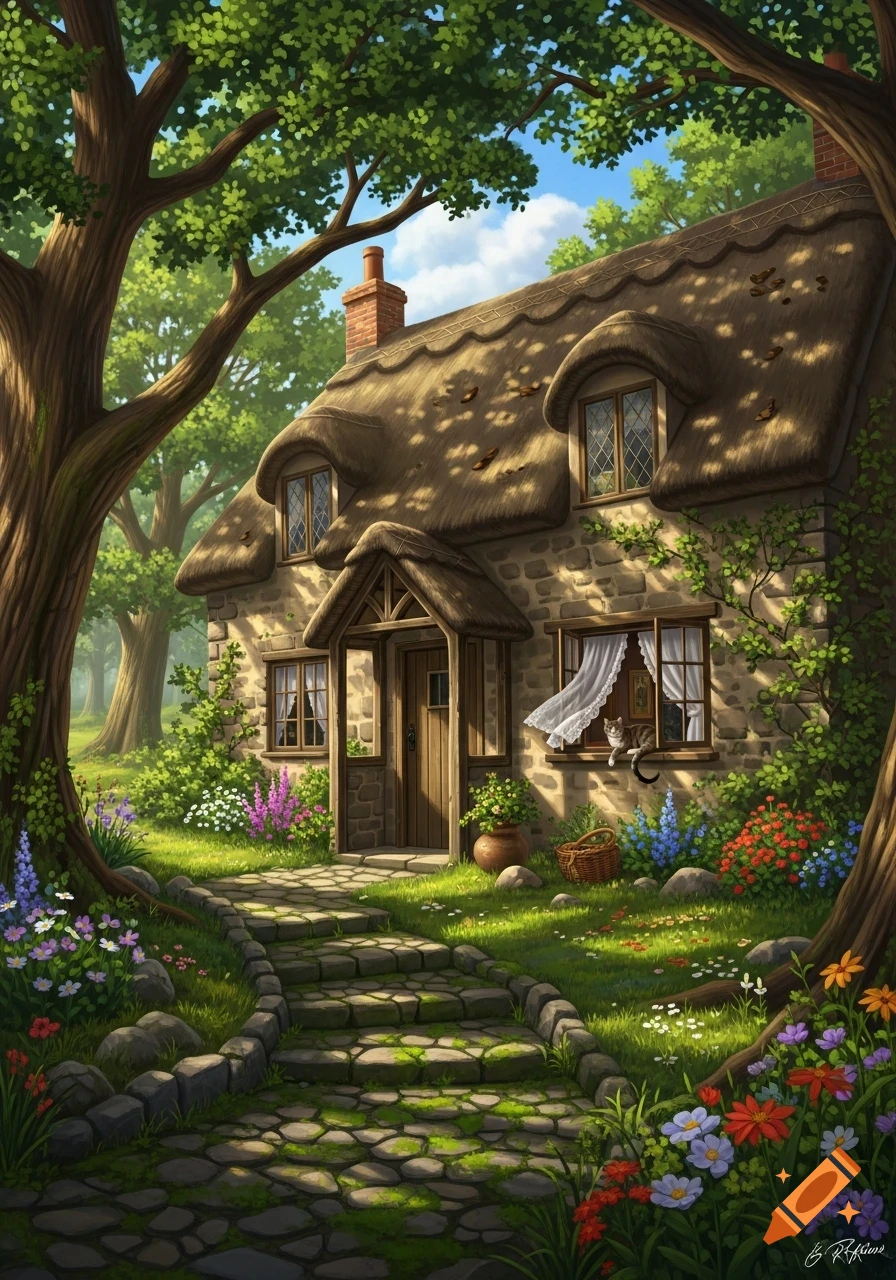 A charming, mossy stone cottage with a thatched roof nestled in a lush green forest, with a cat sitting in a window. Digital painting.