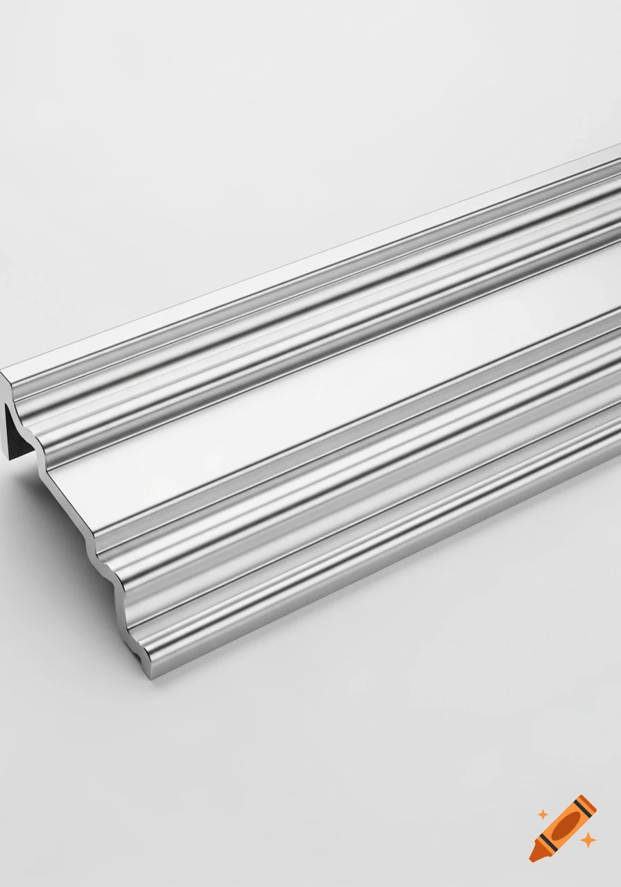 A shiny silver chrome molding piece with several horizontal ridges on a white background.