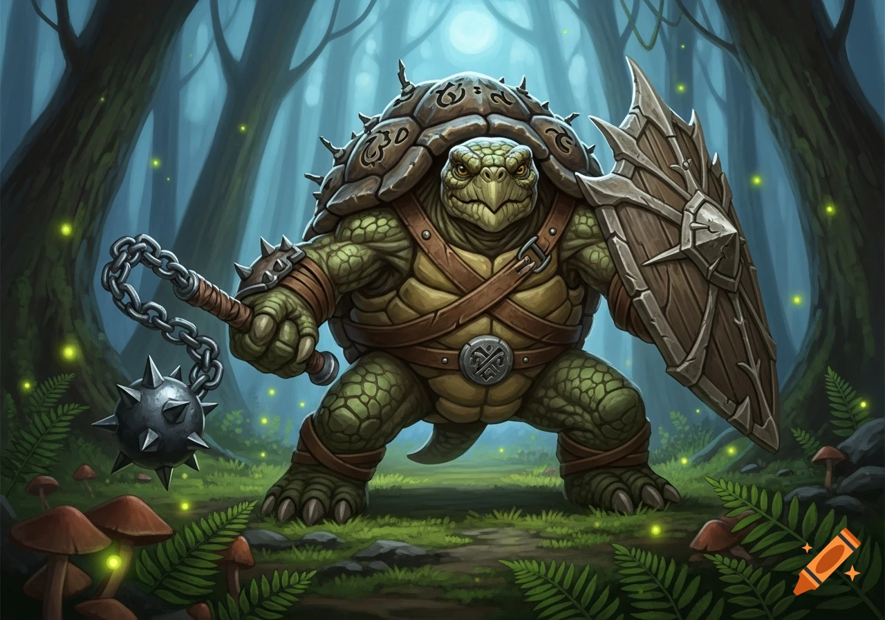 A fantasy tortle adventurer in armor stands in a glowing forest, holding a spiked flail and a shield.