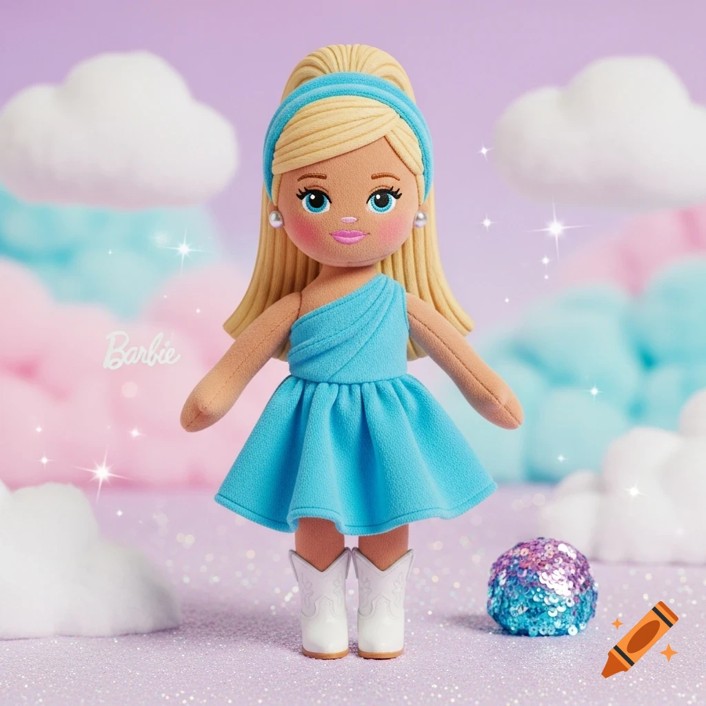 A plush Barbie-style doll with blonde hair, a blue headband and dress, and white cowboy boots stands on a glittery purple surface with pastel clouds in the background.