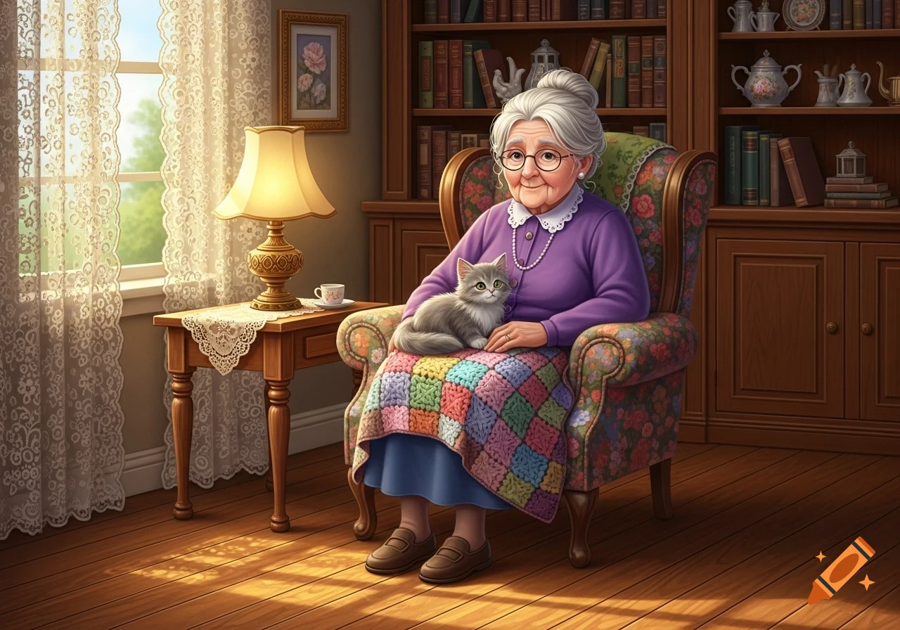 An elderly woman with glasses, wearing a purple sweater, sits in an armchair with a grey cat on her lap in a sunlit, cozy room with a bookshelf.