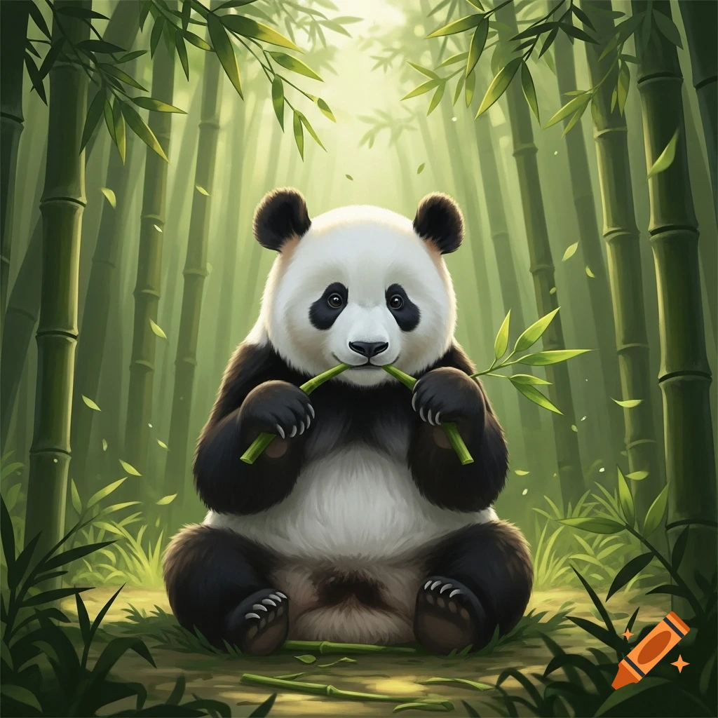 A cute panda sits in a lush bamboo forest, eating a bamboo shoot.