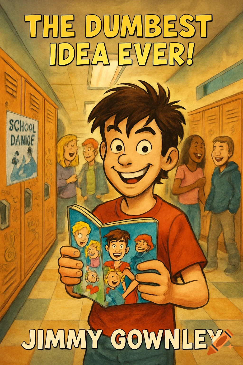 A smiling cartoon boy in a school hallway holds open a book titled "THE DUMBEST IDEA EVER!" with "JIMMY GOWNLEY" at the bottom. Other students and lockers are in the background.