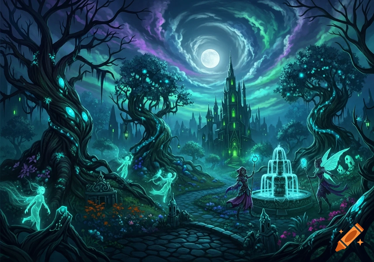 A dark fantasy landscape with a glowing castle, twisted enchanted trees, a full moon, and ethereal figures under a vibrant aurora sky.