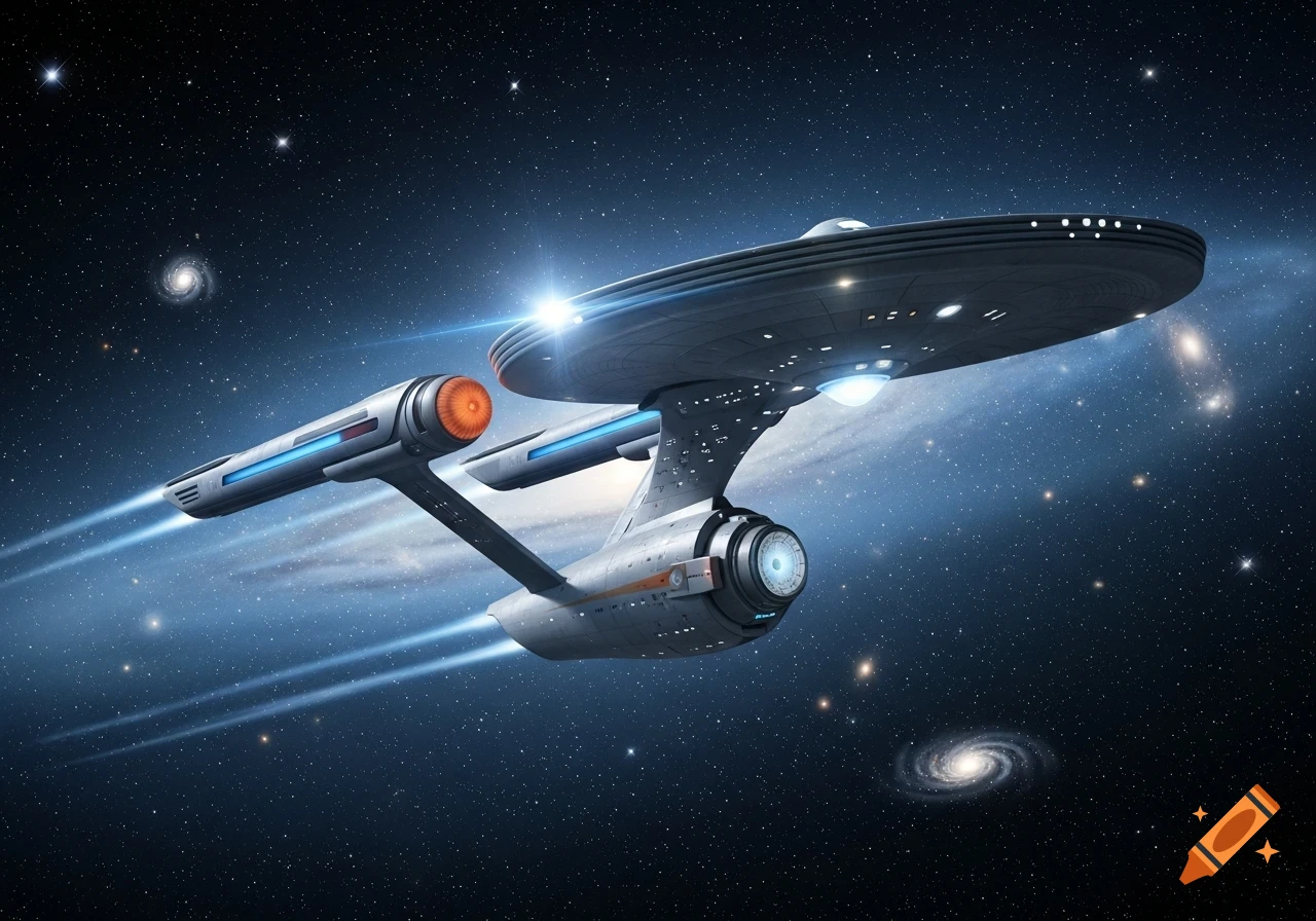 The USS Enterprise spaceship flying through a star-filled galaxy, with glowing engines and light trails.
