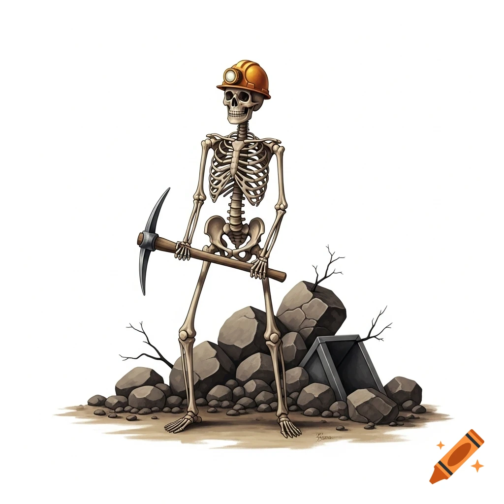 A stylized illustration of a skeleton wearing a mining helmet and holding a pickaxe, standing on a pile of rocks.