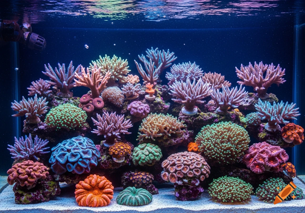 A vibrant saltwater aquarium filled with various types of colorful coral, including branching, brain, and mushroom corals.