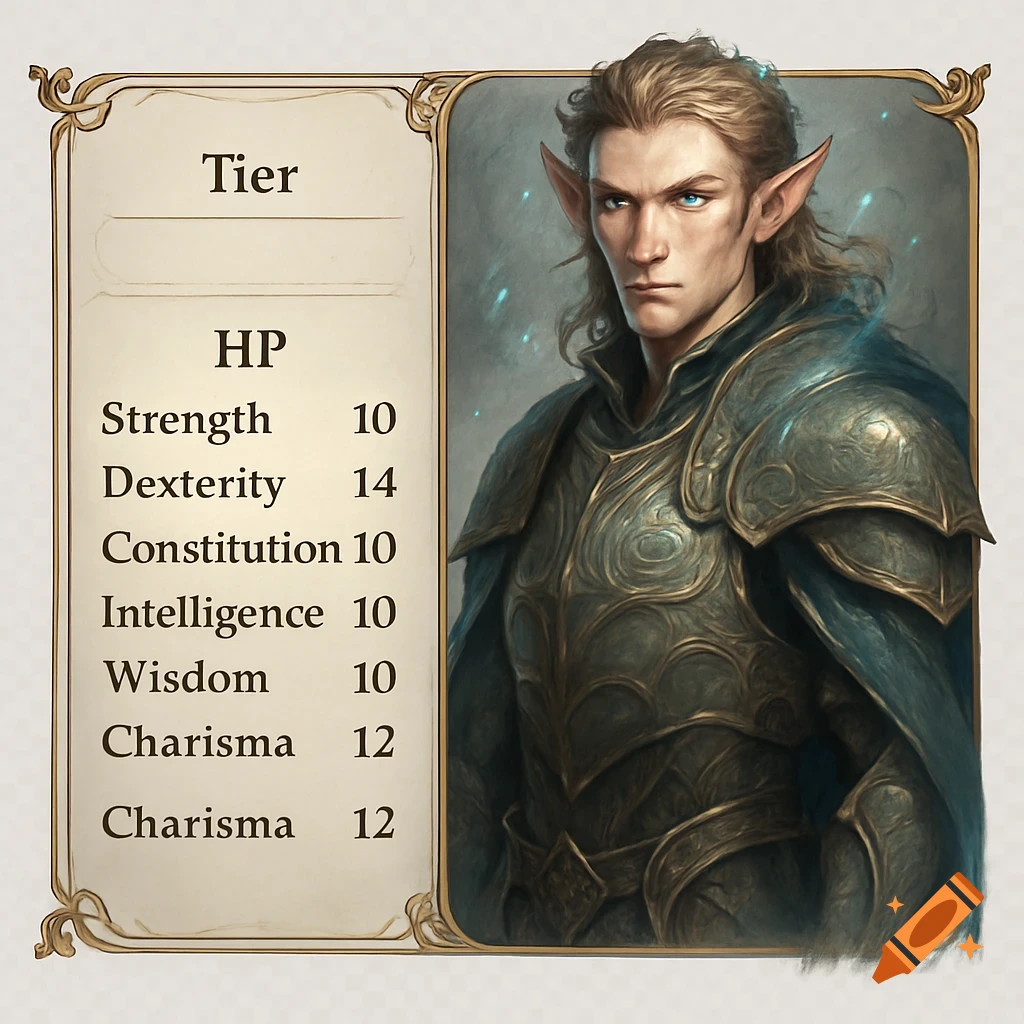 A fantasy elf character portrait with blonde hair, pointy ears, and blue eyes, wearing ornate armor, displayed next to a character status screen with stats.