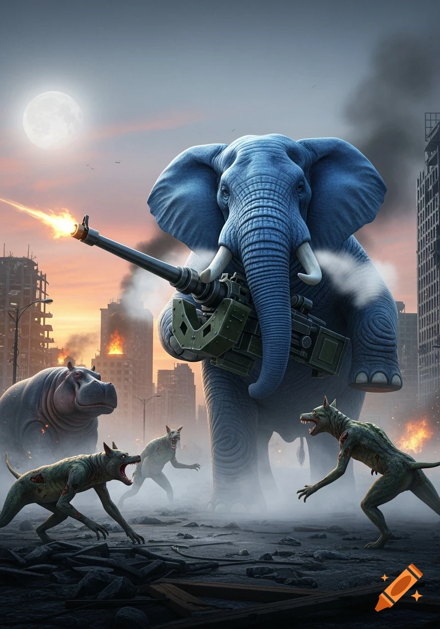 A colossal blue elephant armed with a large gun fires at mutated hippo-dog-lizard zombies in a desolate, apocalyptic city under a full moon.