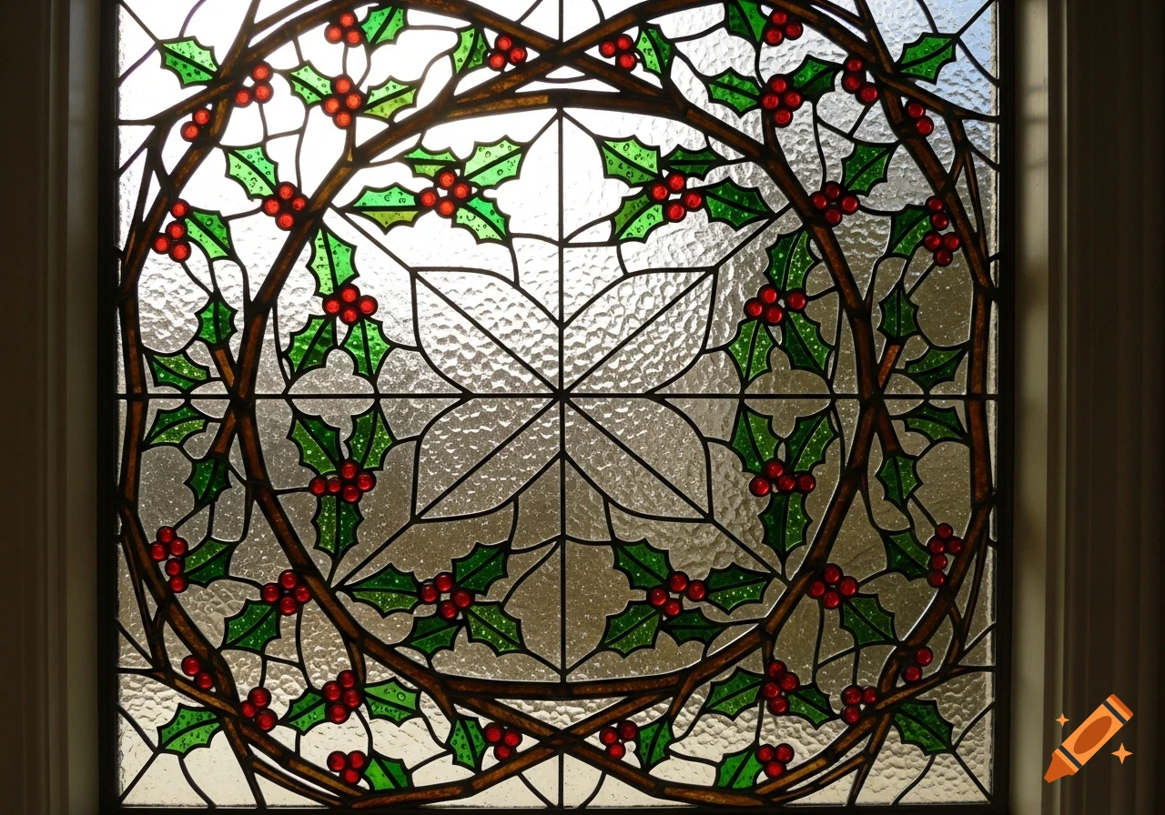 Stained glass window with a Christmas design featuring holly leaves and red berries.