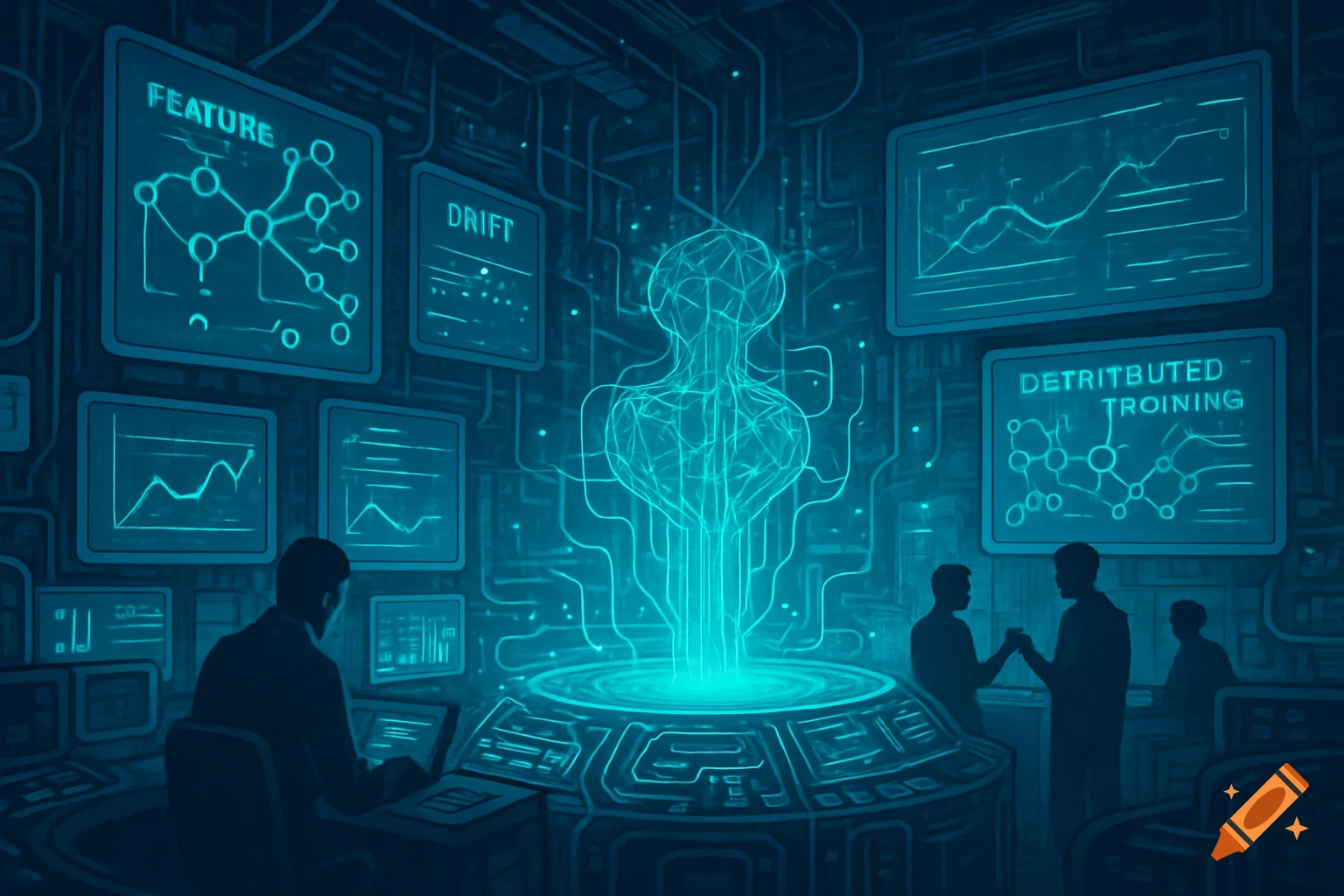 Futuristic control room with glowing blue holographic displays, silhouetted figures, and a large glowing humanoid projection.