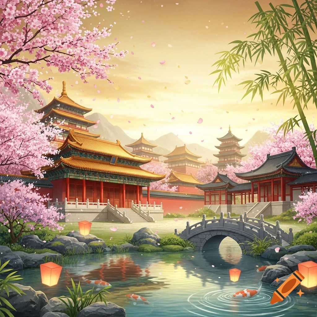 A serene landscape with traditional East Asian pagodas, pink cherry blossoms, bamboo, a stone bridge over a pond with koi fish and glowing paper lanterns.