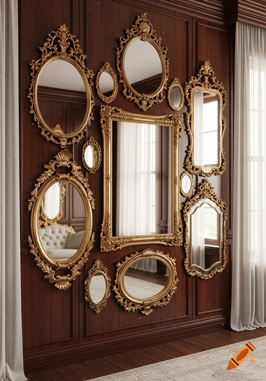 Ornate gold-framed antique mirrors of various shapes on a dark wood panel wall, with white sheer curtains.