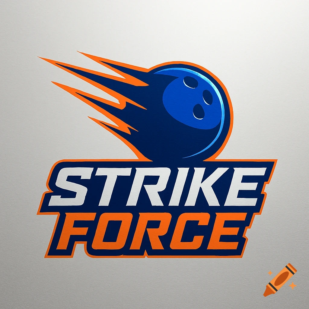 A 'Strike Force' logo featuring a blue bowling ball with orange streaks and white and orange block text.