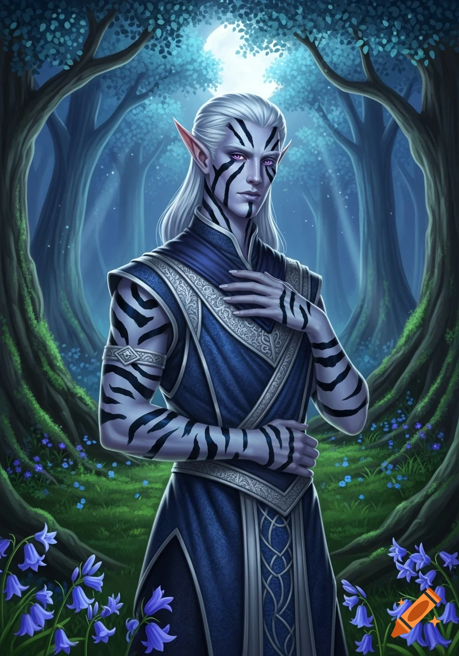 An elf man with pale skin, white hair, and black tribal stripes stands in a magical moonlit forest surrounded by blue flowers.