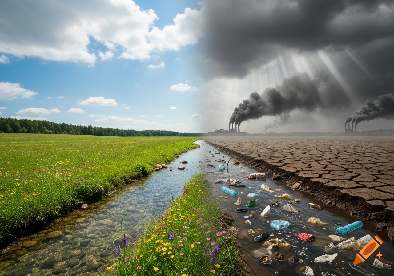 Photorealistic split image contrasting a pristine river in a green field with a polluted river in a dry, industrial wasteland.