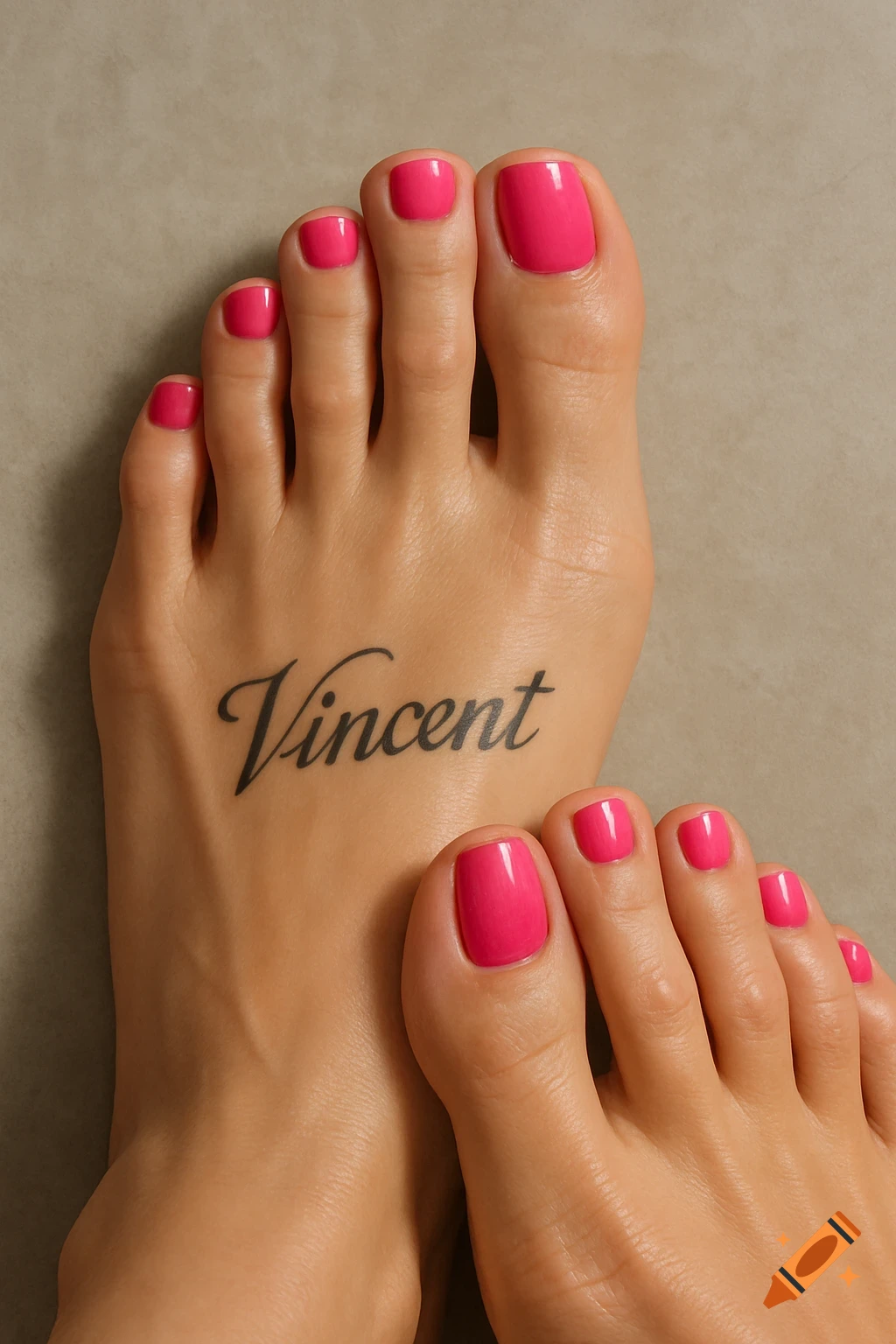 Close-up of a person's feet with bright pink toenail polish and a black tattoo of the name 'Vincent' on the top of one foot, photorealistic.