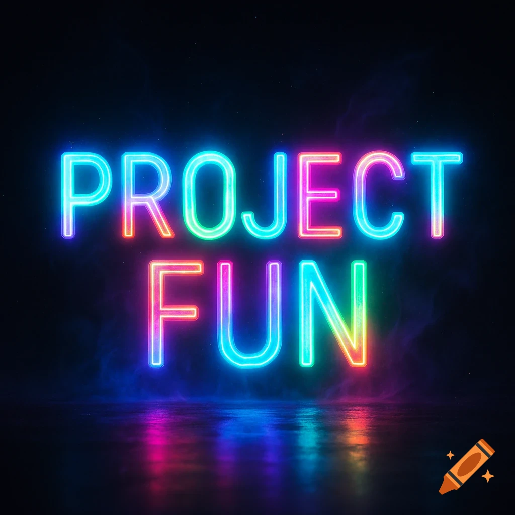Rainbow neon lights spell 'PROJECT FUN' on a dark, reflective surface with a smoky atmosphere.