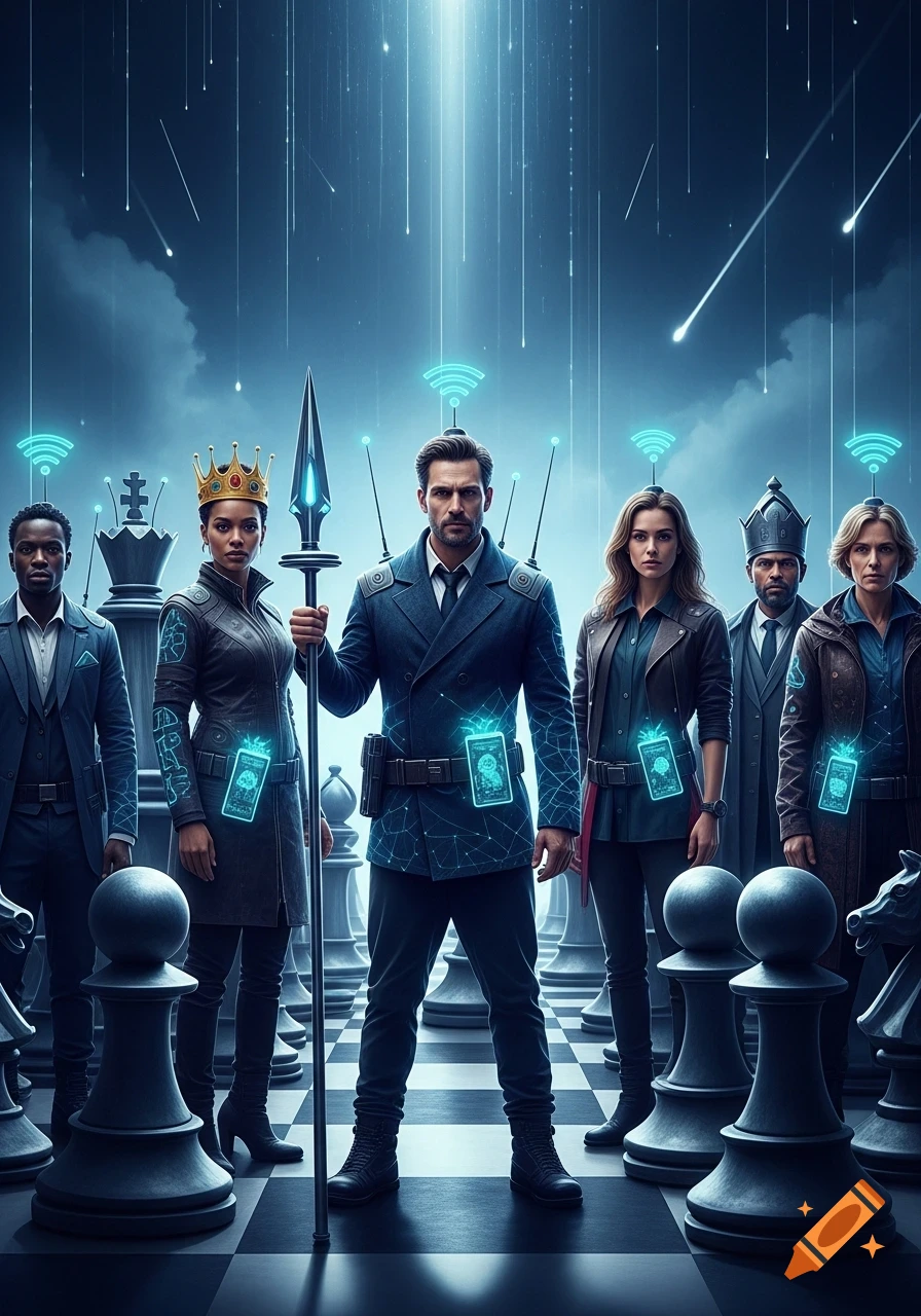 A diverse group of adults in futuristic attire stand on a chessboard, representing chess pieces, with glowing network symbols and falling light trails.