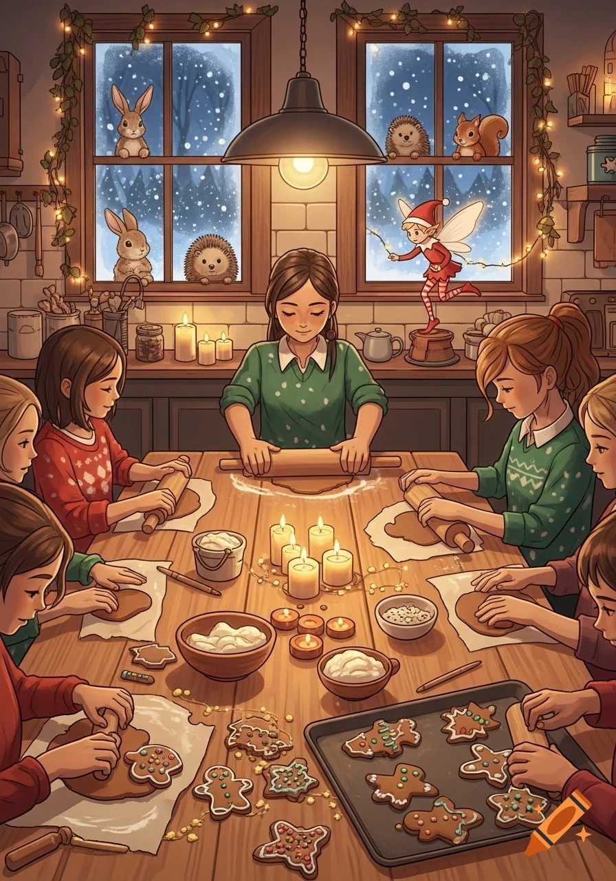 A group of children and women baking gingerbread cookies in a cozy, festive kitchen, with winter scenes and animals visible through the windows.