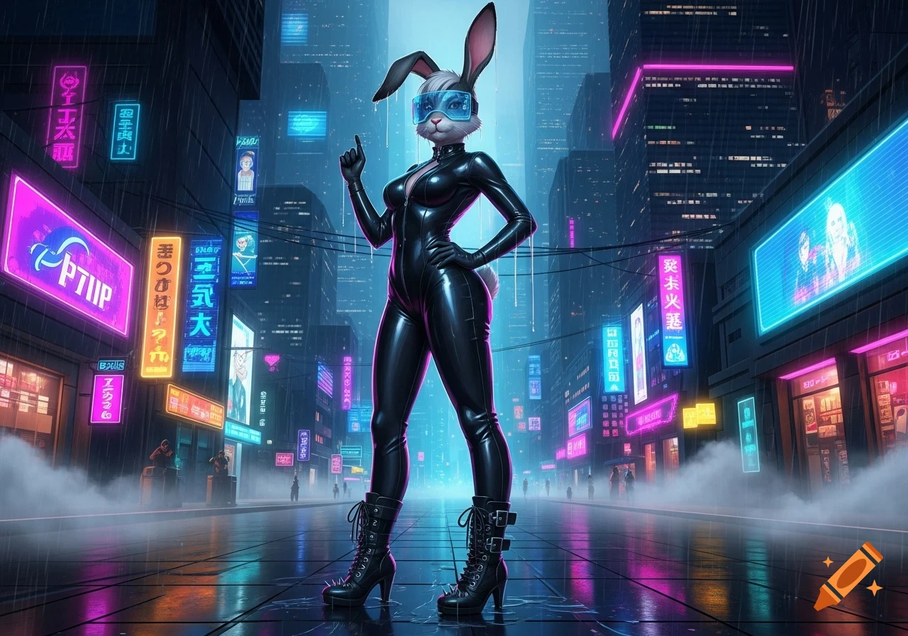 A female anthro rabbit in a black latex catsuit and goth boots stands in a rainy cyberpunk city street with neon signs.