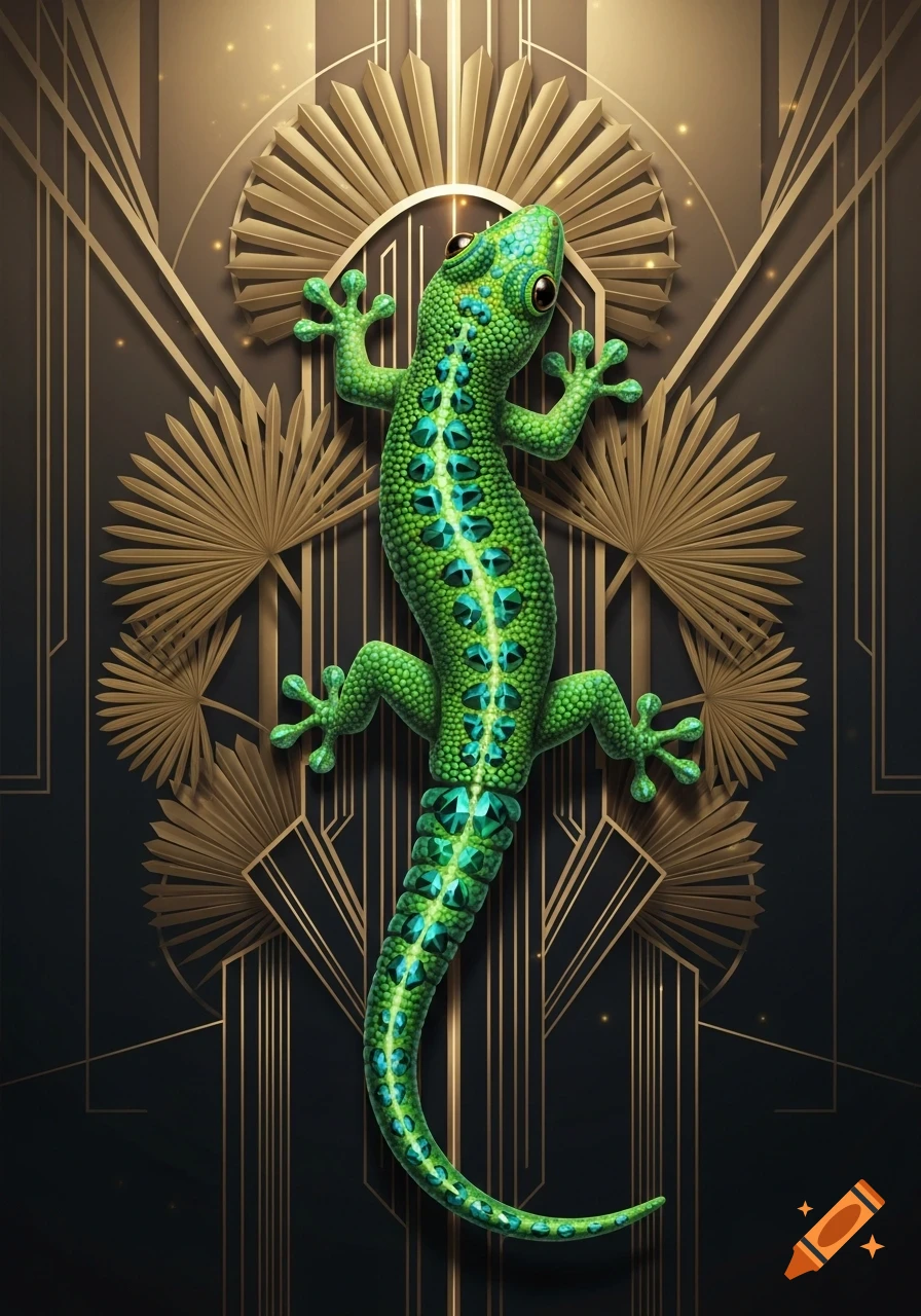 Vibrant green gecko with glowing blue markings on a dark background with elegant gold Art Deco patterns.
