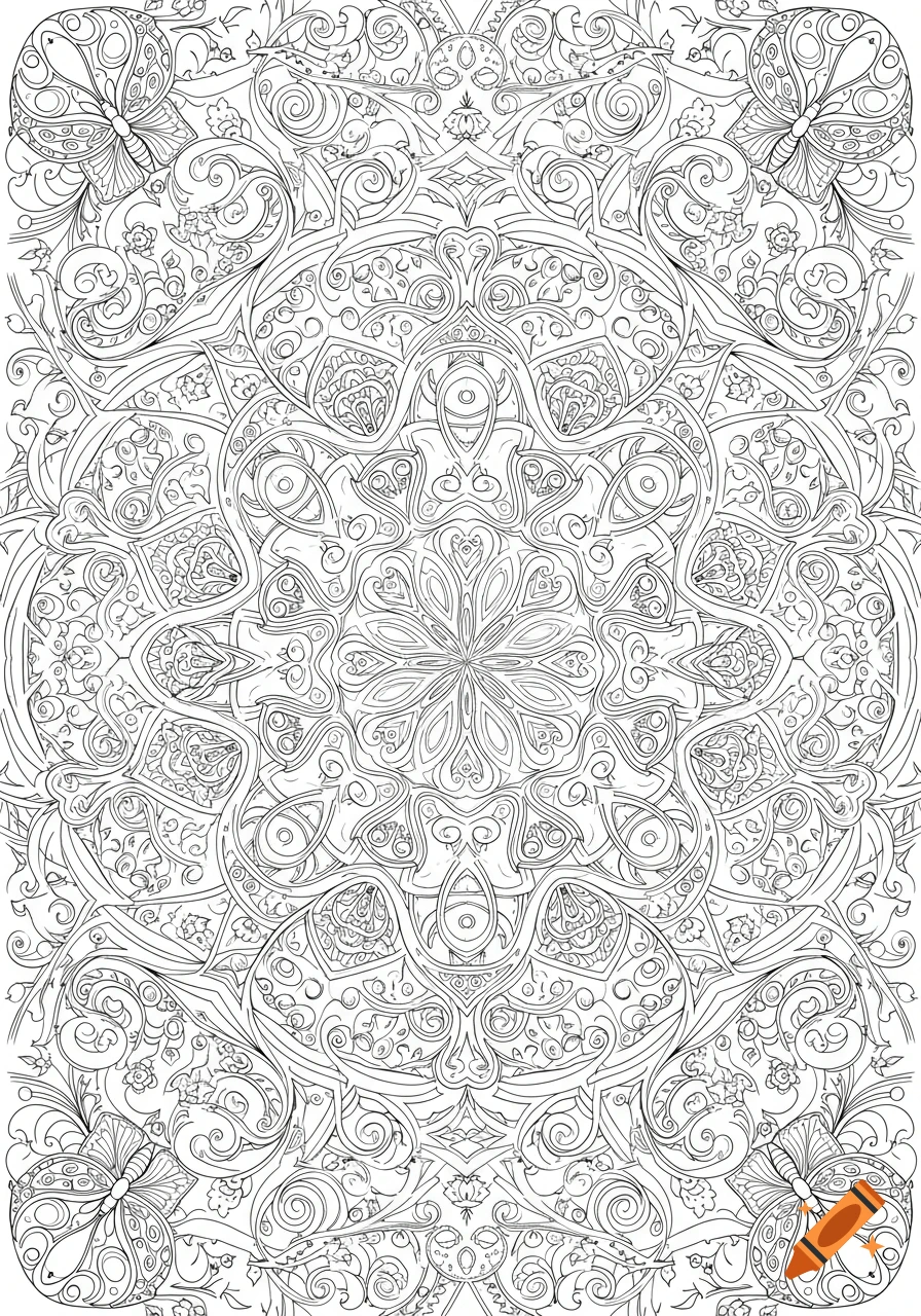 Detailed black and white line art coloring page with a symmetrical floral and butterfly mandala pattern.