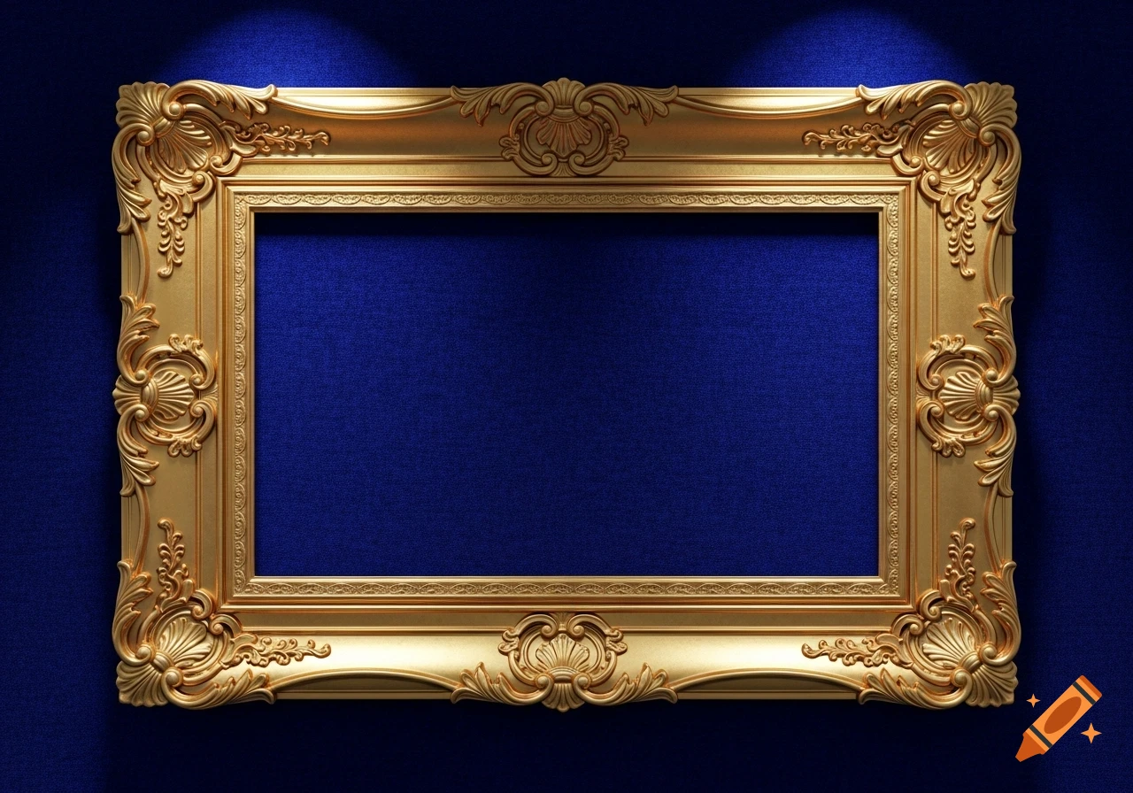 Ornate golden picture frame against a textured blue background, highlighted by spotlights.