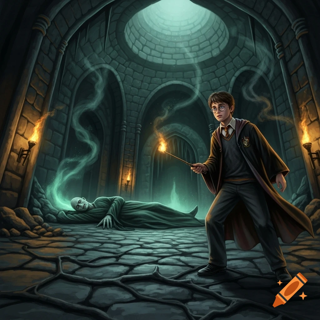 Harry Potter holds a glowing wand, standing over an unconscious Voldemort on a stone floor in a dark, vaulted chamber. Digital illustration.