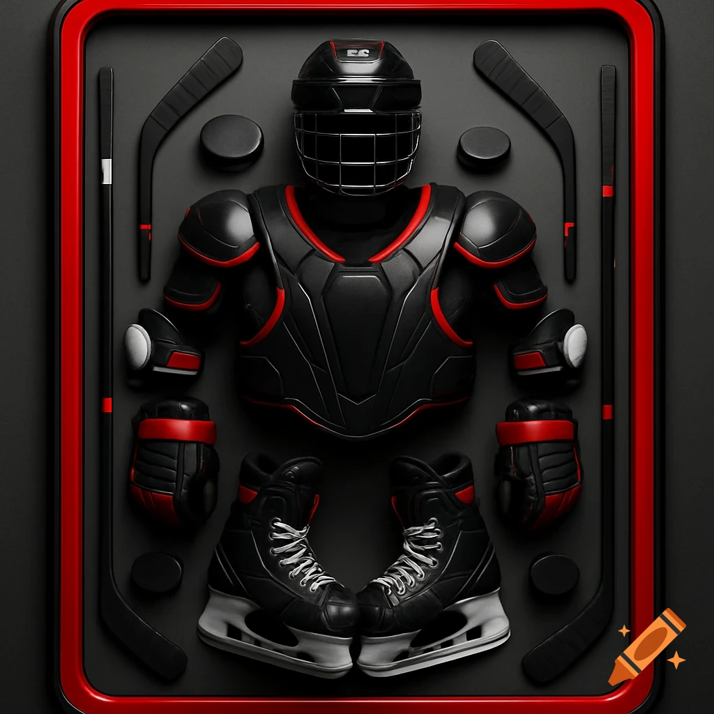 Black and red ice hockey gear, including helmet, chest protector, skates, sticks, and pucks, artfully arranged on a dark background with a red border.
