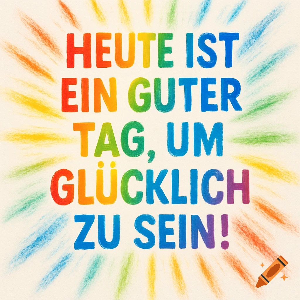 Motivational German quote 'Heute ist ein guter Tag, um glücklich zu sein!' in rainbow crayon-style letters with colorful radiating lines.
