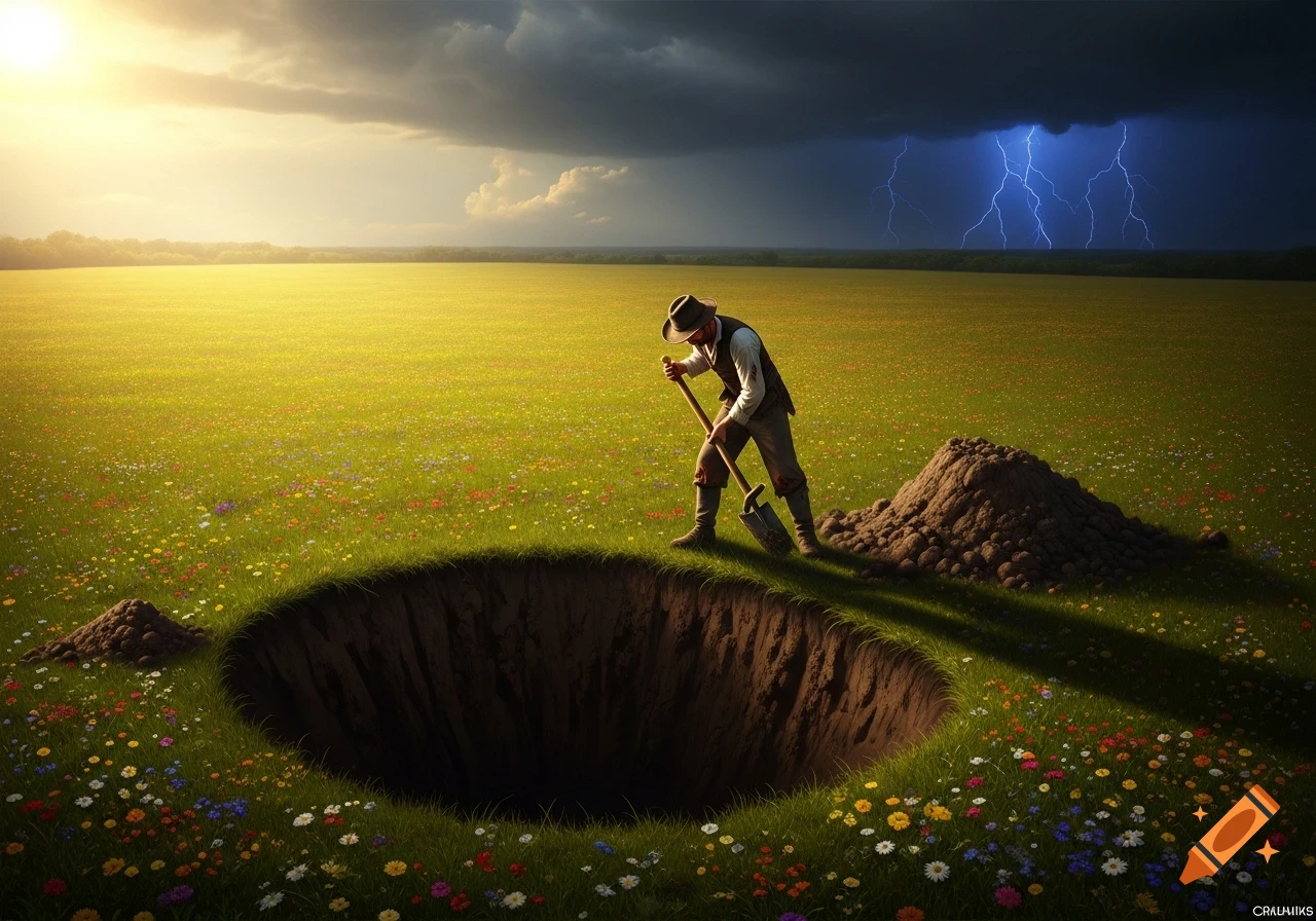 A man digs a deep hole in a vibrant wildflower field, with bright sun on one side and a stormy sky with lightning on the other.