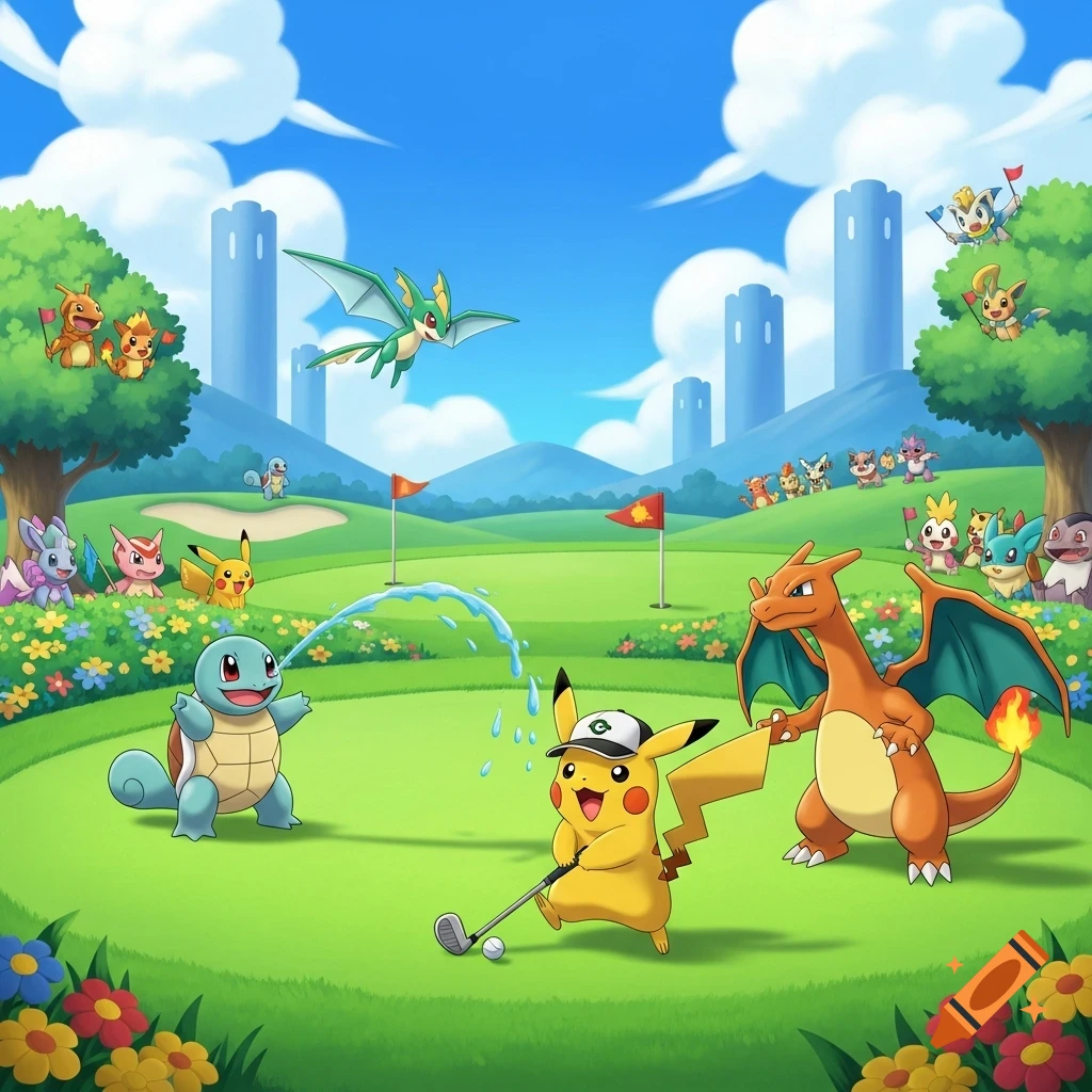 Pikachu swings a golf club on a vibrant green course, joined by Charizard, Squirtle, and other Pokémon under a blue sky with castles.
