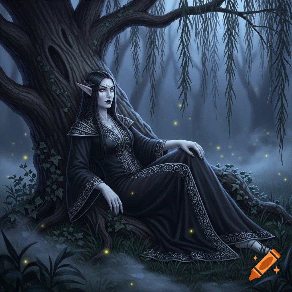 A pale dark elf woman sits against a large tree in a dark, misty forest with glowing fireflies, digital painting.