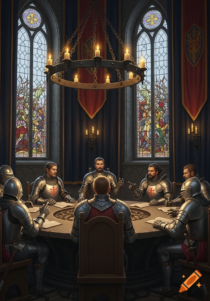 Several knights in full armor sit around a large round table in a grand hall with stained glass windows and discuss.