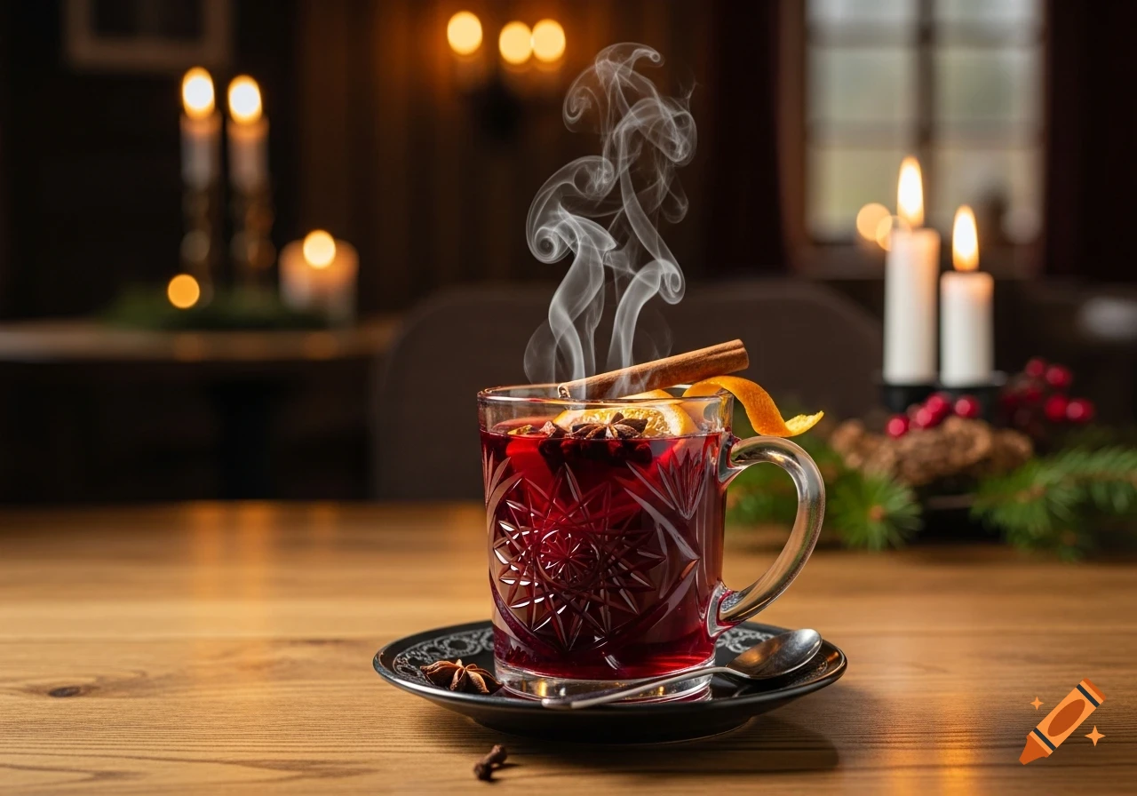 A steaming glass mug of mulled wine with cinnamon, orange, and star anise on a wooden table with candles in the background.