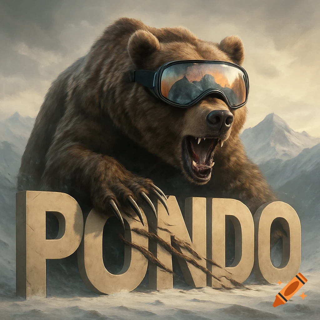 A ferocious grizzly bear in ski goggles, claws on large 'PONDO' letters in a snowy mountain landscape.