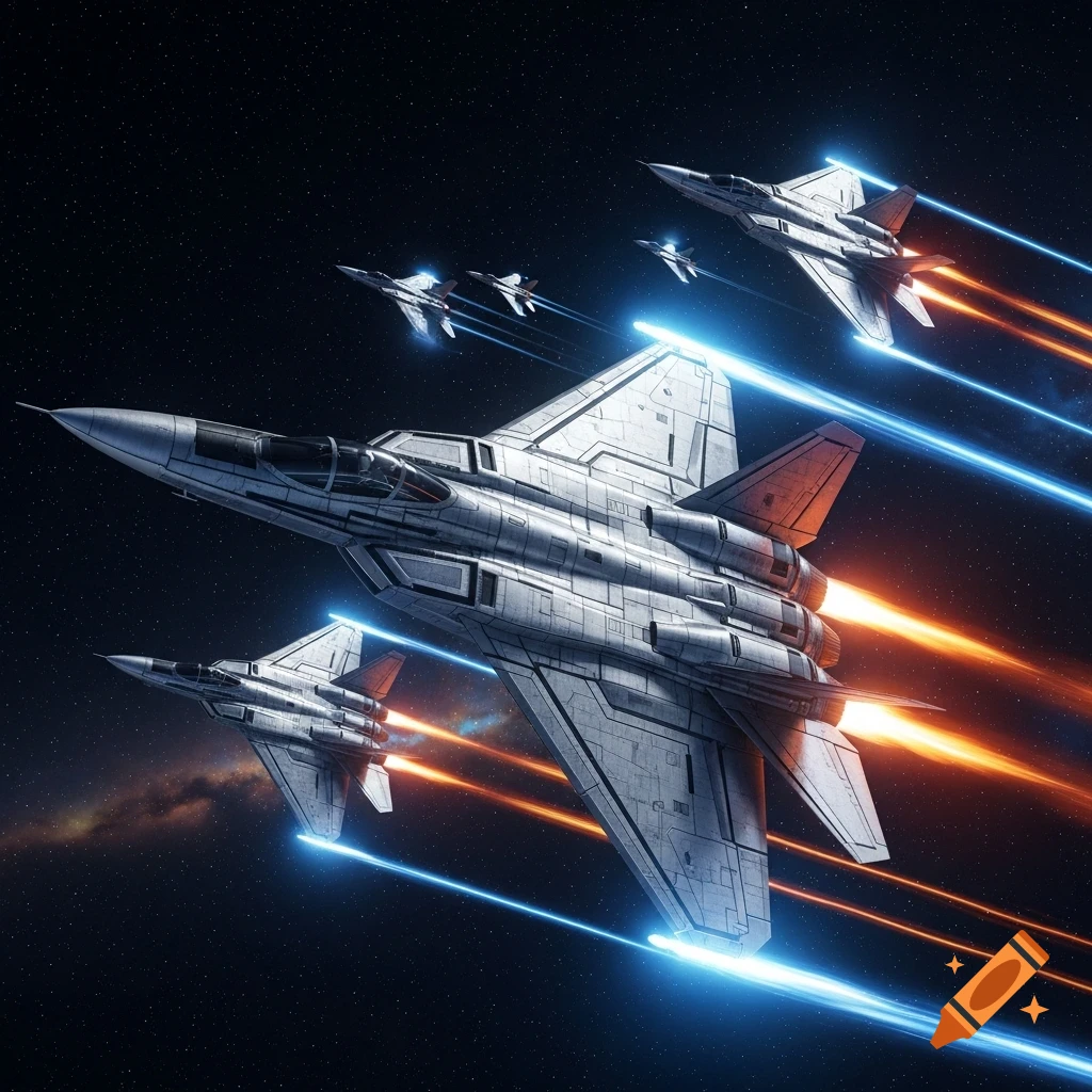 Multiple futuristic space jet fighters with glowing orange engines and blue light trails fly through a starfield.