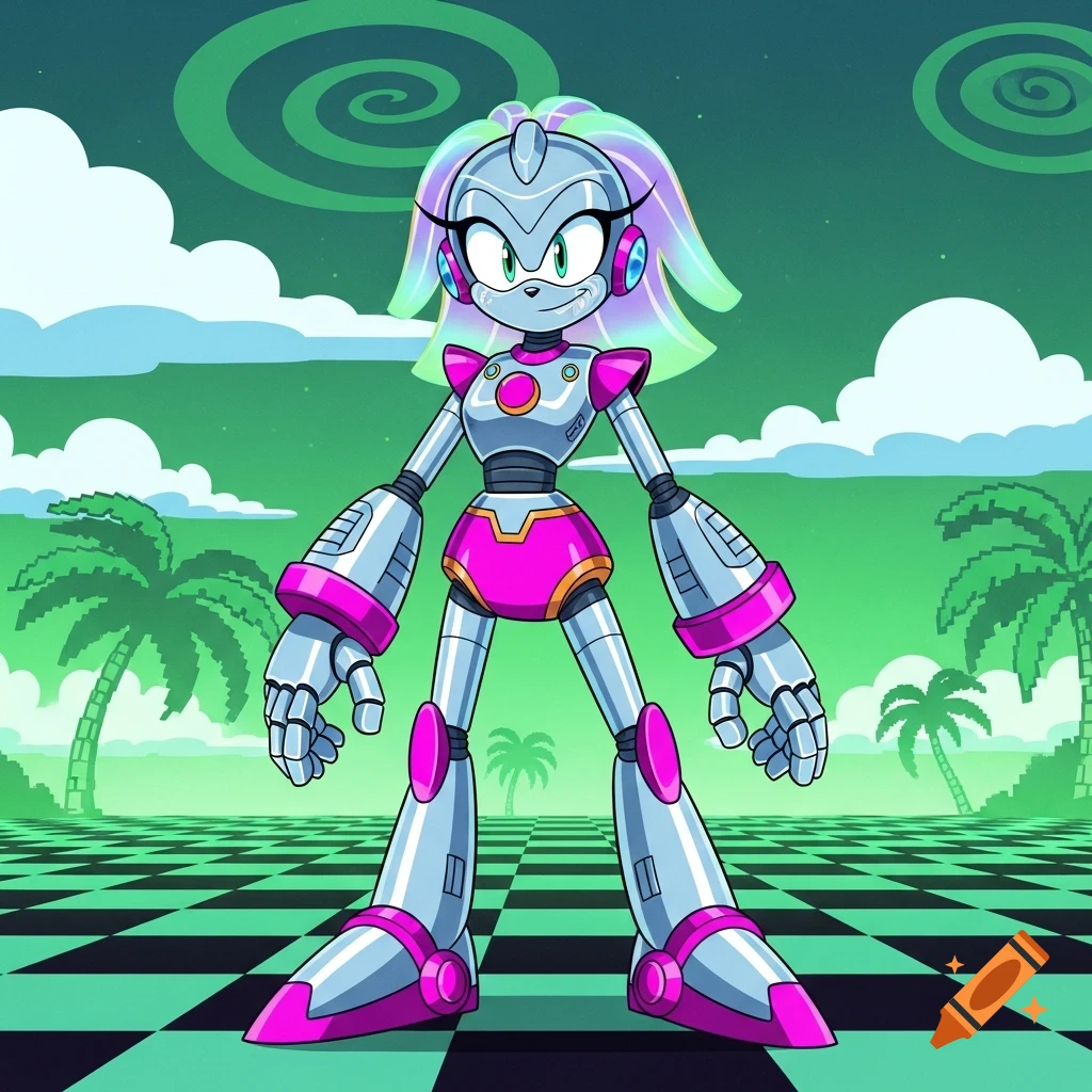 Silver and pink cartoon robot with iridescent hair, green eyes, standing on a checkered ground with pixelated palm trees under a green sky.