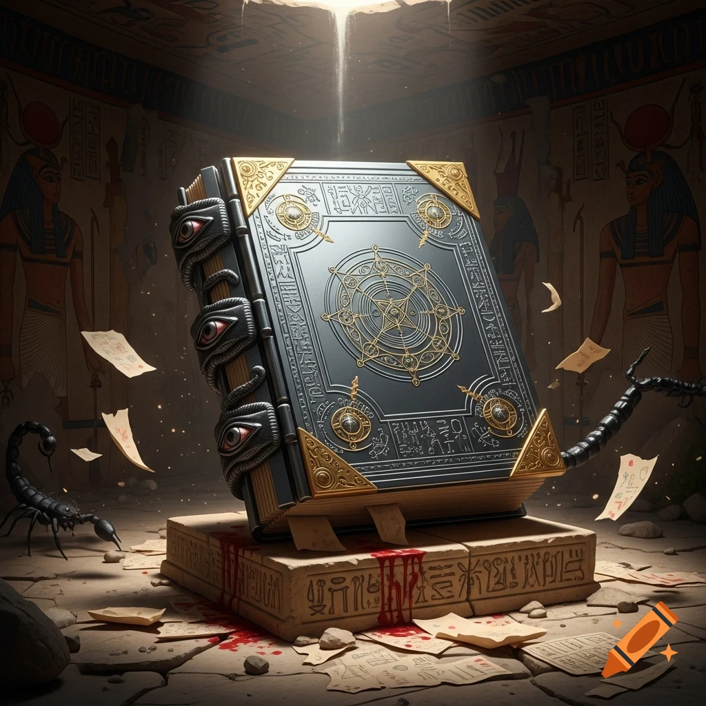 An ornate, ancient metallic grimoire with glowing red eyes on its spine rests on a blood-stained stone pedestal in a ruined Egyptian tomb. Hieroglyphs cover surfaces, with a scorpion nearby and papyrus fragments floating around.