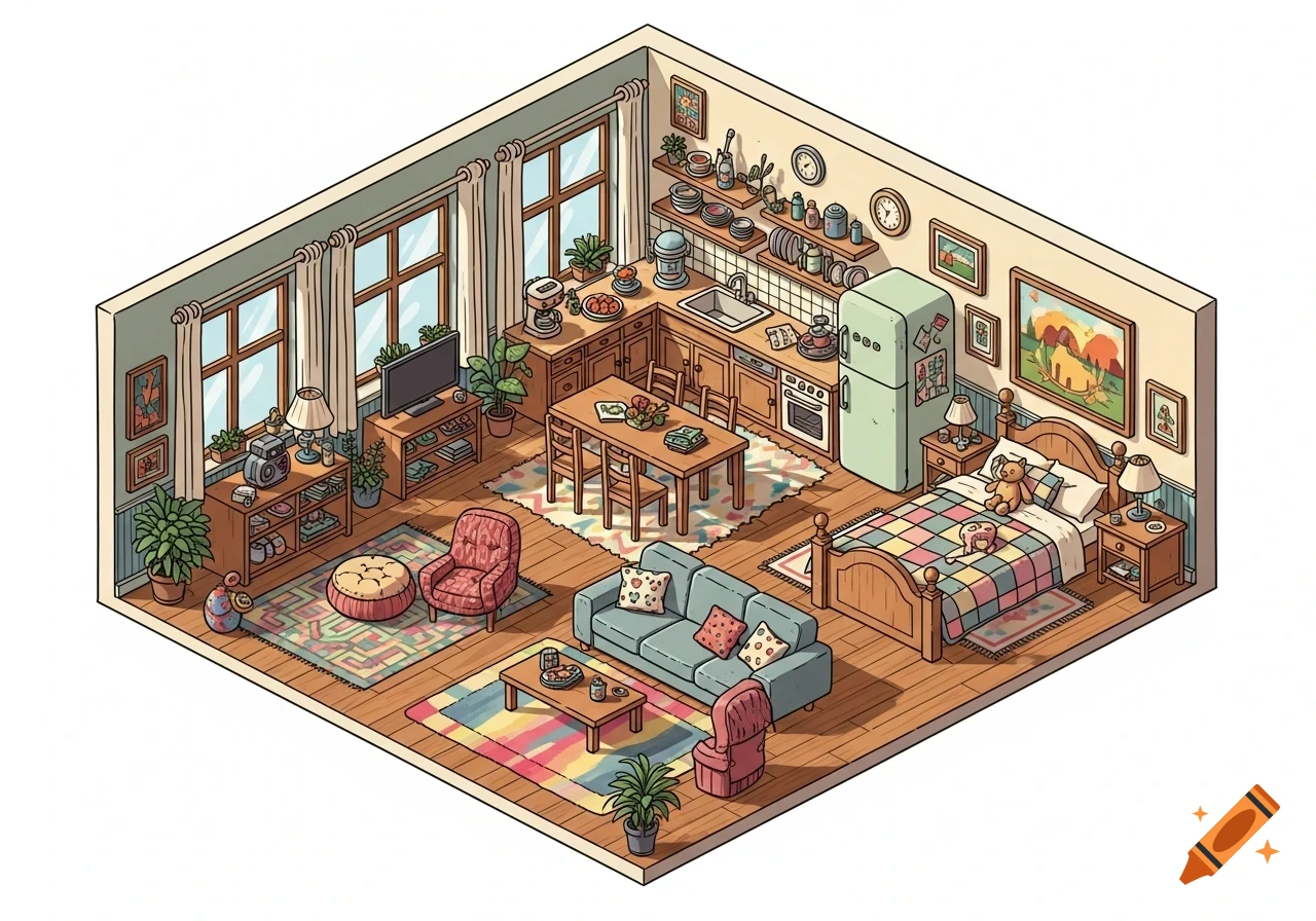 Isometric cartoon illustration of a cozy apartment featuring a kitchen, living room, and bedroom.