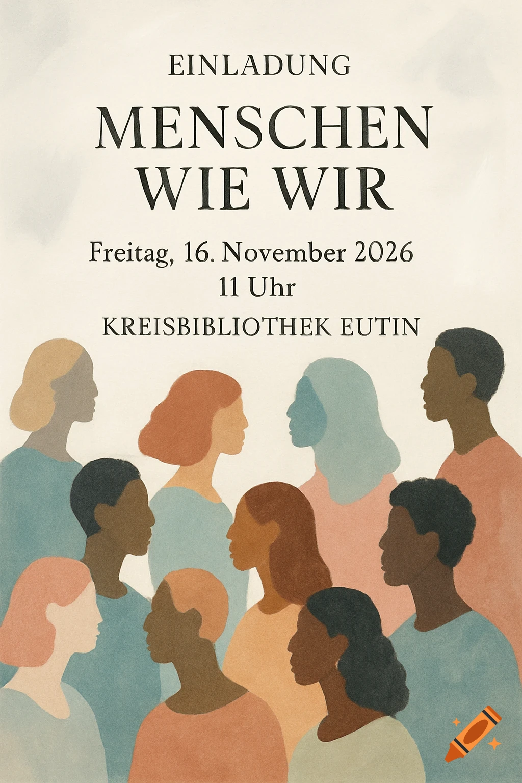 An invitation poster in an illustration style, featuring diverse people's profiles and German text details for an exhibition.