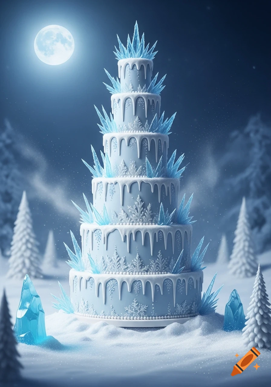 A tall, multi-tiered winter cake decorated with white frosting, blue ice crystals, and snowflakes in a snowy landscape under a full moon.