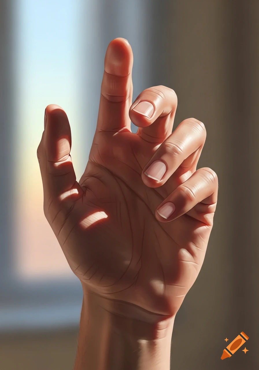 Close-up realistic digital illustration of a hand with fingers slightly curled, bathed in natural light.