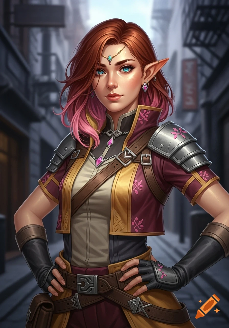 Detailed portrait of a half-elf woman with red-pink hair, blue eyes, and armor, standing in a blurry urban alley, realistic-fantasy style.