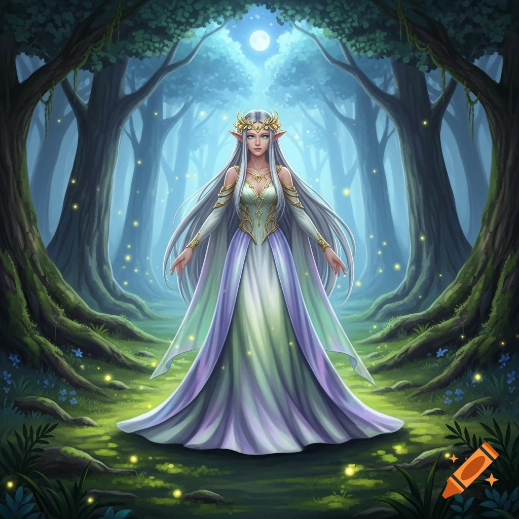 An anime-style elf princess with long silver hair and a golden crown stands in an enchanted forest under a full moon.