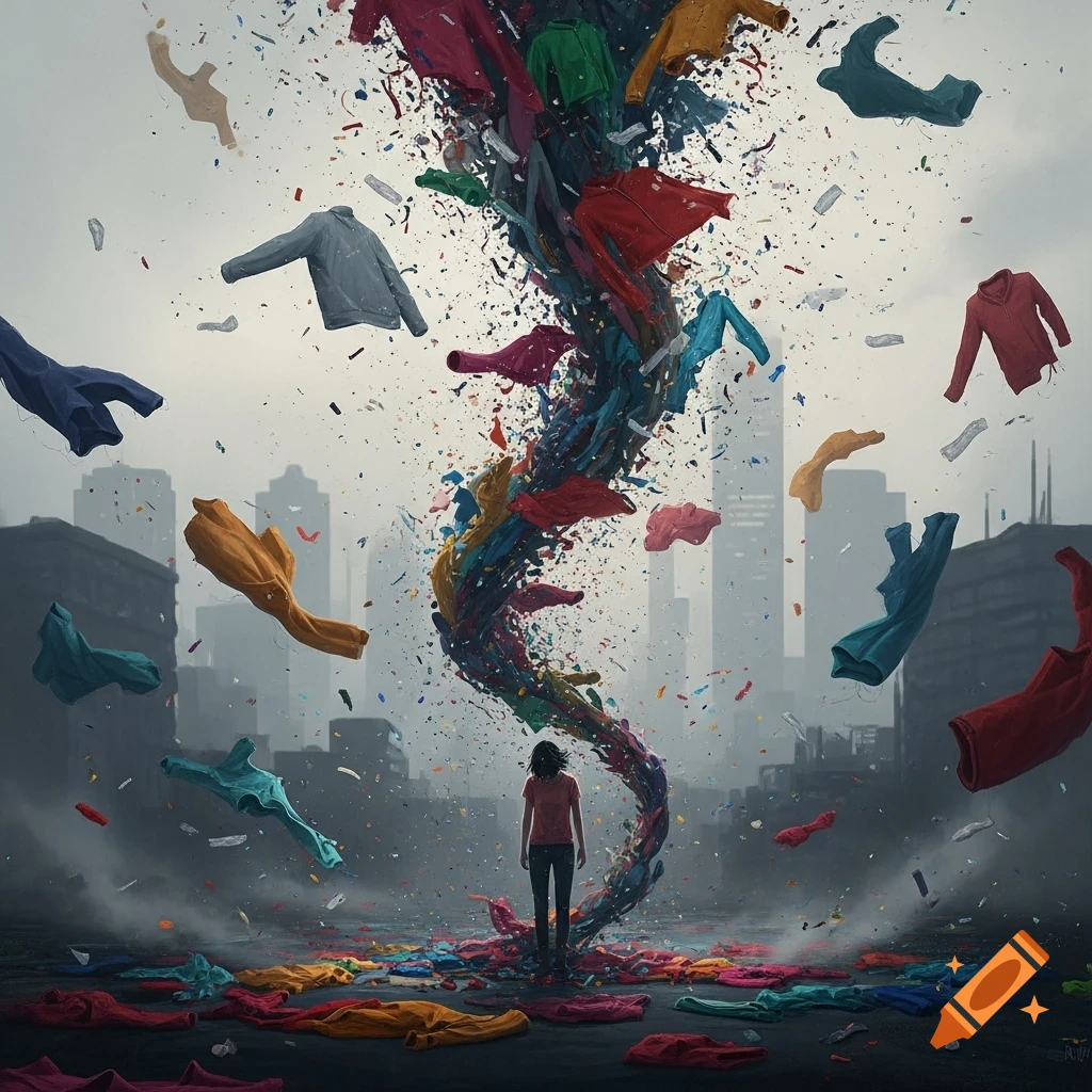 A person stands in a desolate city facing a vibrant tornado made of colorful clothes and debris, with more clothes on the ground.