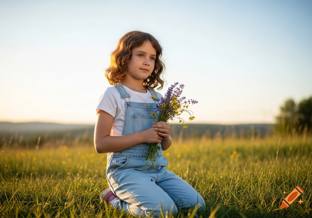 A young girl with curly hair kneels in a sunlit field, holding a bouquet of wildflowers.