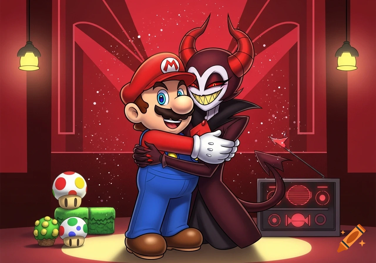 Mario hugs a red-horned demon character with a wide grin, against a red backdrop with hanging lamps and Super Mario mushrooms.